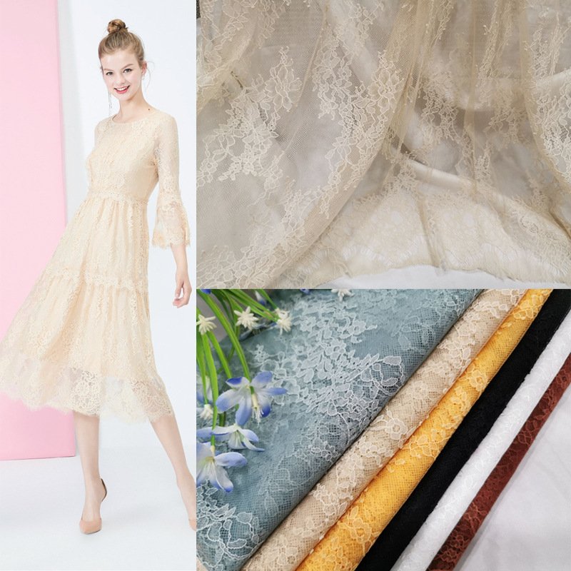Semi-Sheer Eyelash Placement Lace Fabric for Women's Wear Wholesale Su 12